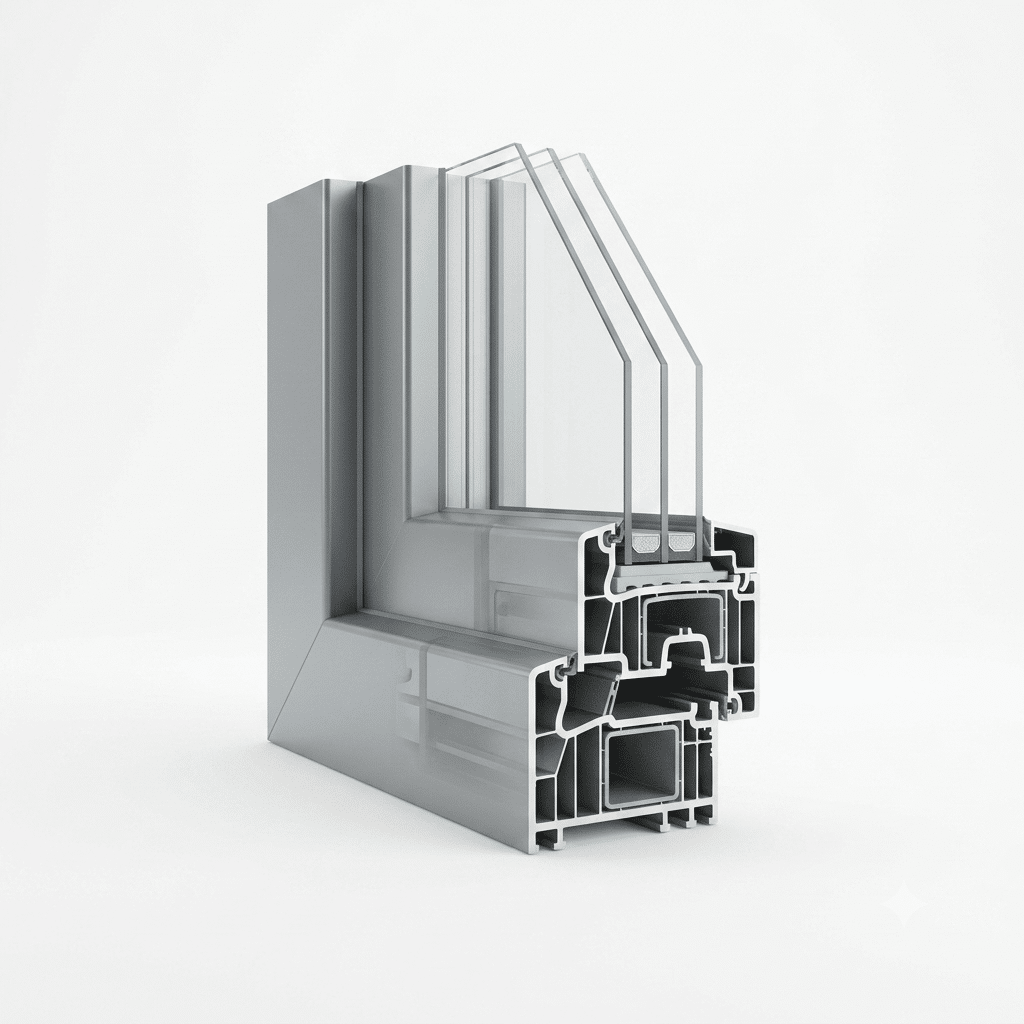 Technische 3D-weergave van een aluminium raam