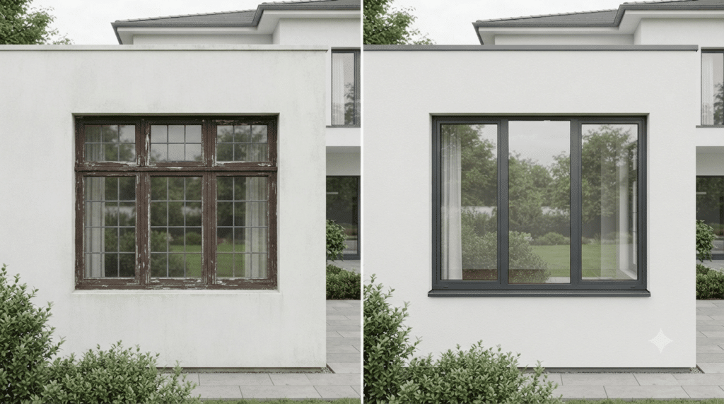 Aluminium raam voor en na de renovatie