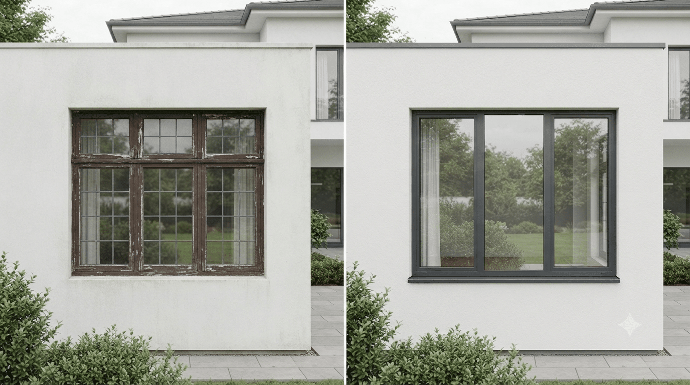 Aluminium raam voor en na de renovatie